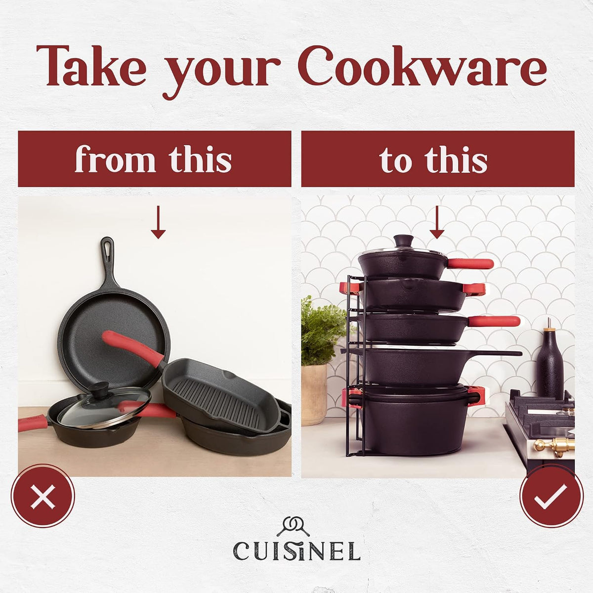 Pan Organizer for Cast Iron Skillets, Griddles, 5-Tier Rack, Black 12.2"