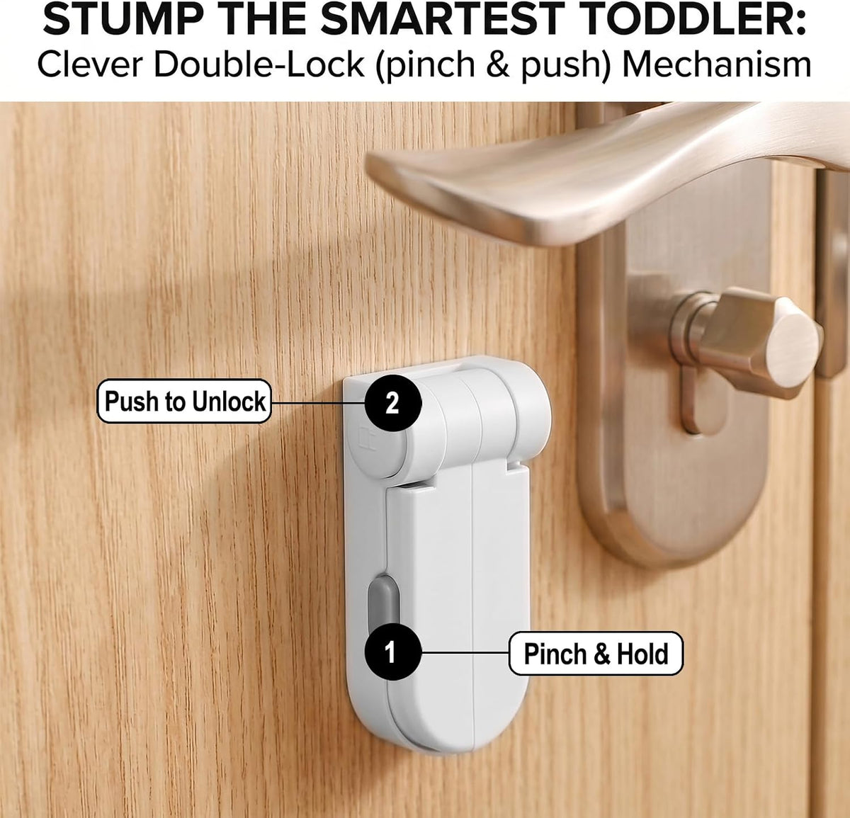Childproof Door Lever Locks – Dual-Action Baby Safety Locks for French Doors, Ovens & Dryers, No-Drill Strong Adhesive, 180° Rotation, Minimalist White