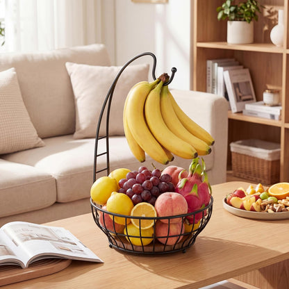 Large Capacity Fruit Basket for Kitchen Counter with Banana Hanger and Wooden Base, Large Countertop Fruit and Vegetable Storage Holder