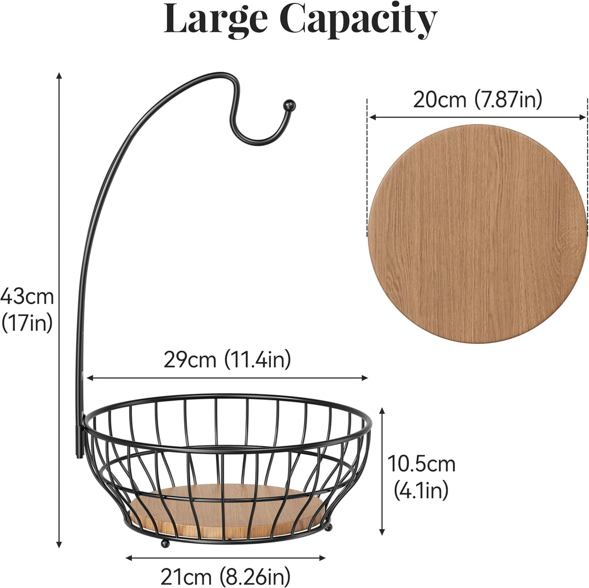 Large Capacity Fruit Basket for Kitchen Counter with Banana Hanger and Wooden Base, Large Countertop Fruit and Vegetable Storage Holder