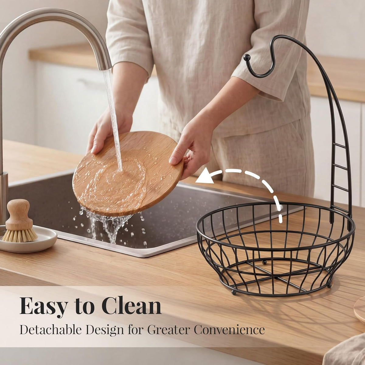 Large Capacity Fruit Basket for Kitchen Counter with Banana Hanger and Wooden Base, Large Countertop Fruit and Vegetable Storage Holder