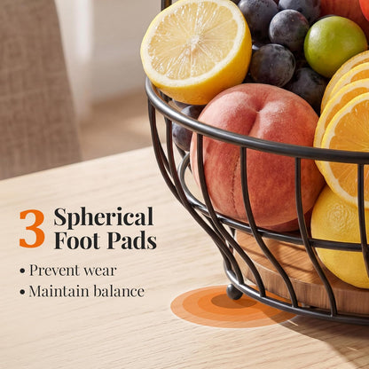 Large Capacity Fruit Basket for Kitchen Counter with Banana Hanger and Wooden Base, Large Countertop Fruit and Vegetable Storage Holder