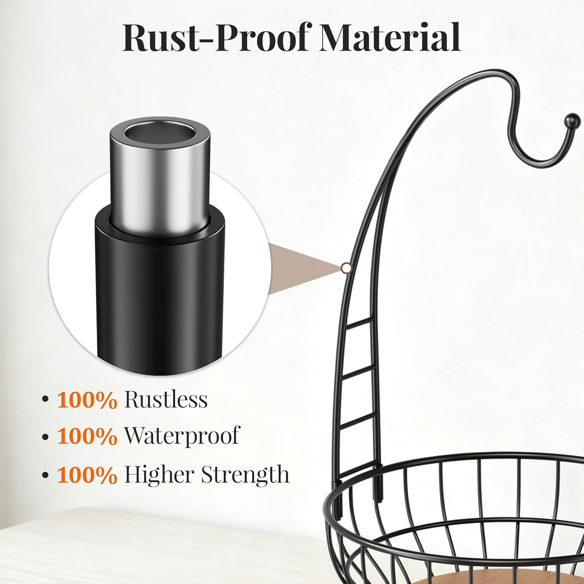 Large Capacity Fruit Basket for Kitchen Counter with Banana Hanger and Wooden Base, Large Countertop Fruit and Vegetable Storage Holder