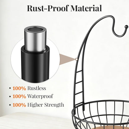 Large Capacity Fruit Basket for Kitchen Counter with Banana Hanger and Wooden Base, Large Countertop Fruit and Vegetable Storage Holder