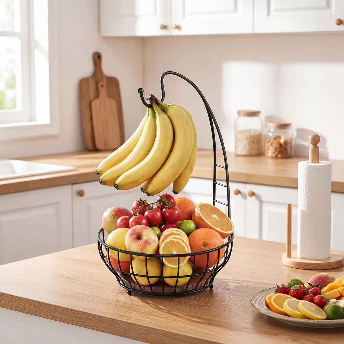 Large Capacity Fruit Basket for Kitchen Counter with Banana Hanger and Wooden Base, Large Countertop Fruit and Vegetable Storage Holder