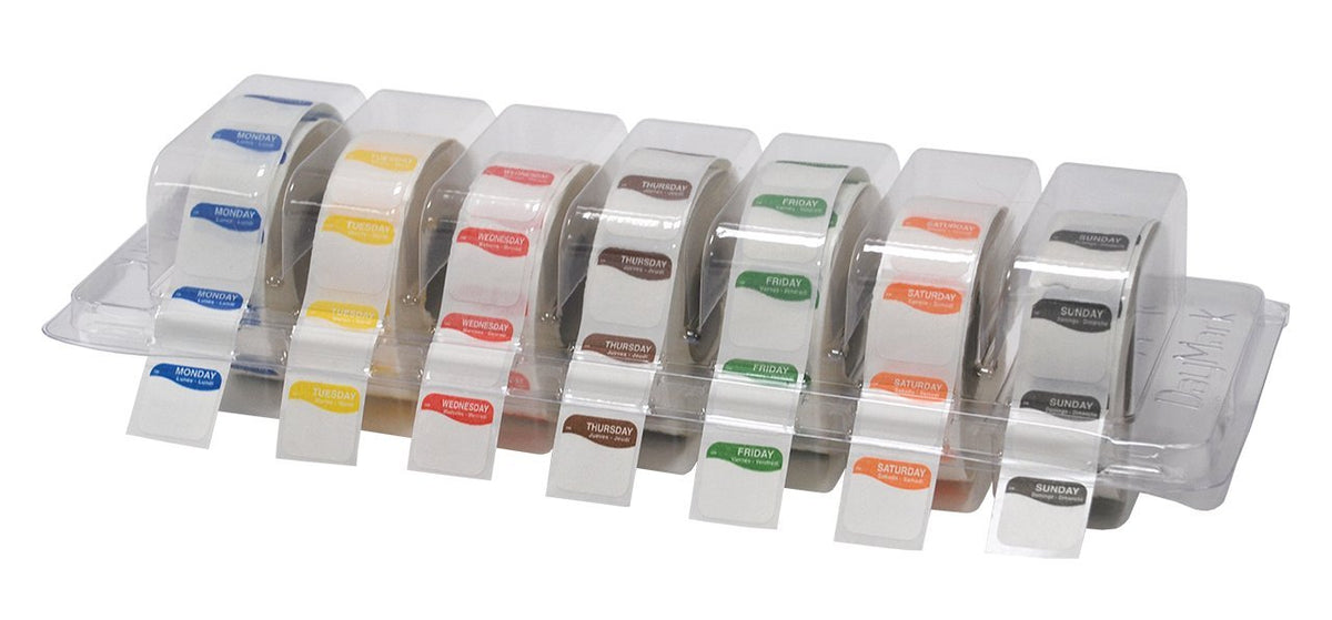 I132152 Day of The Week 3/4" Square Dissolvable Labels, Monday-Sunday, Label Dispenser Included (7,000 Labels)