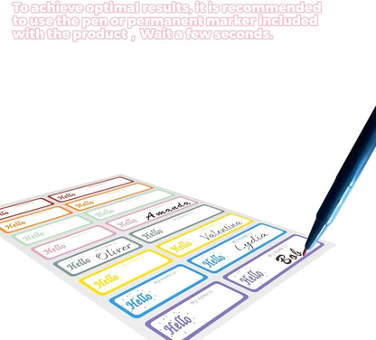 320-Pack Clear Waterproof Name Labels with Marker - Durable, Washable, Sticky Adhesive Labels for Container, Water Bottles, Drinks Cups, Books and Supplies, Toiletries, Workplace, Household