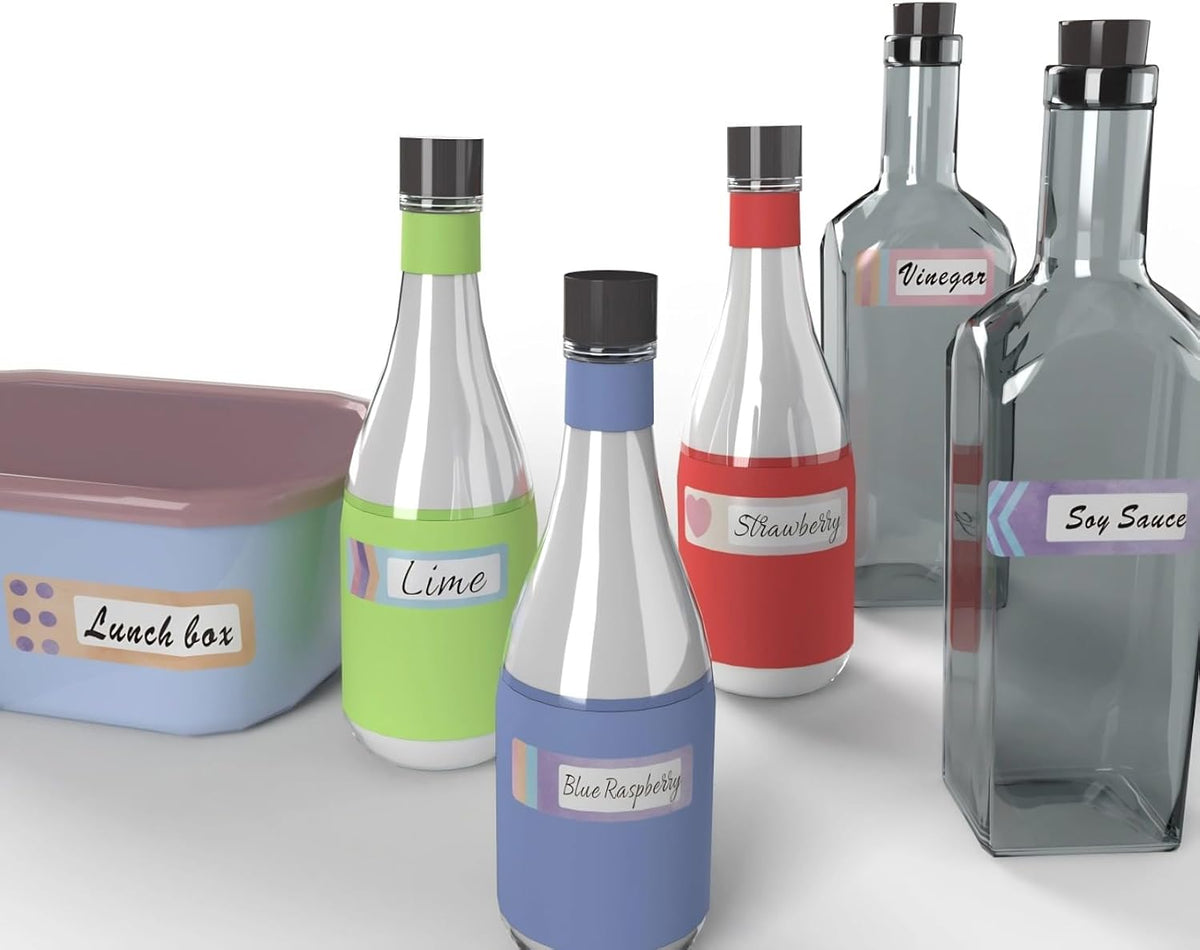 320-Pack Clear Waterproof Name Labels with Marker - Durable, Washable, Sticky Adhesive Labels for Container, Water Bottles, Drinks Cups, Books and Supplies, Toiletries, Workplace, Household