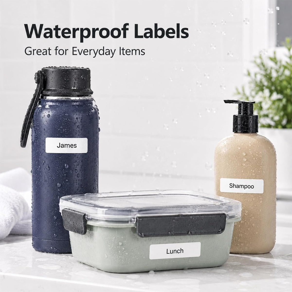 320-Pack Clear Waterproof Name Labels with Marker - Durable, Washable, Sticky Adhesive Labels for Container, Water Bottles, Drinks Cups, Books and Supplies, Toiletries, Workplace, Household