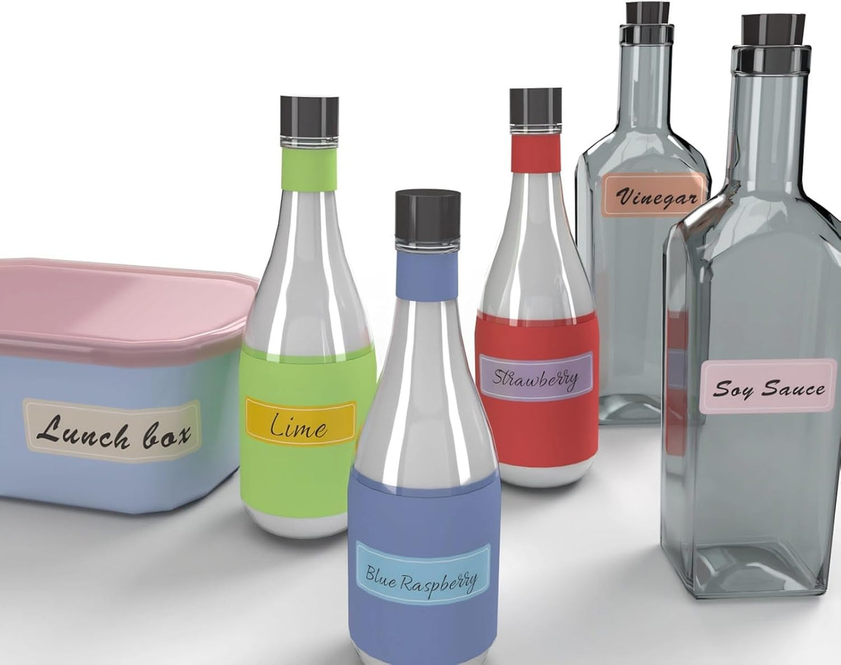 320-Pack Clear Waterproof Name Labels with Marker - Durable, Washable, Sticky Adhesive Labels for Container, Water Bottles, Drinks Cups, Books and Supplies, Toiletries, Workplace, Household
