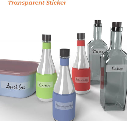 320-Pack Clear Waterproof Name Labels with Marker - Durable, Washable, Sticky Adhesive Labels for Container, Water Bottles, Drinks Cups, Books and Supplies, Toiletries, Workplace, Household