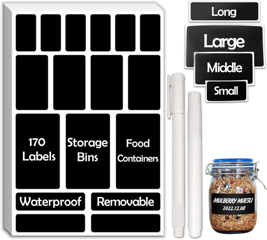 170Pcs Black Removable Labels for Jars with 2 Liquid Chalk Marker
