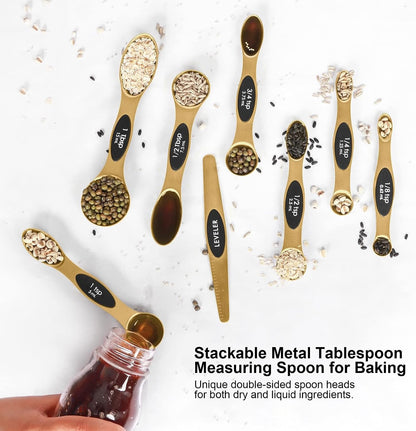 Magnetic Measuring Spoons Set Stainless Steel with Leveler, Stackable Metal Tablespoon Measure Spoon for Baking, Measuring Cups and Spoon Set Kitchen Gadgets Apartment Essentials Fits