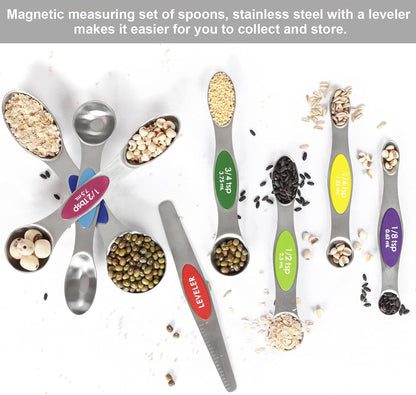 Magnetic Measuring Spoons Set Stainless Steel with Leveler, Stackable Metal Tablespoon Measure Spoon for Baking, Measuring Cups and Spoon Set Kitchen Gadgets Apartment Essentials Fits