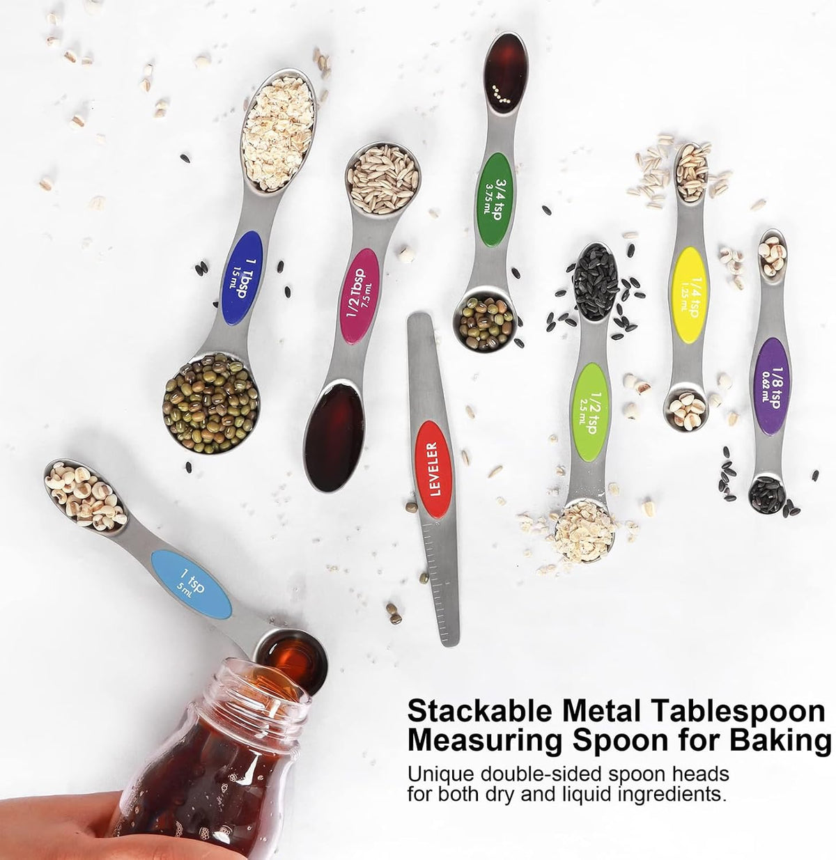 Magnetic Measuring Spoons Set Stainless Steel with Leveler, Stackable Metal Tablespoon Measure Spoon for Baking, Measuring Cups and Spoon Set Kitchen Gadgets Apartment Essentials Fits