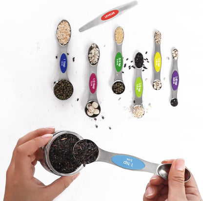 Magnetic Measuring Spoons Set Stainless Steel with Leveler, Stackable Metal Tablespoon Measure Spoon for Baking, Measuring Cups and Spoon Set Kitchen Gadgets Apartment Essentials Fits