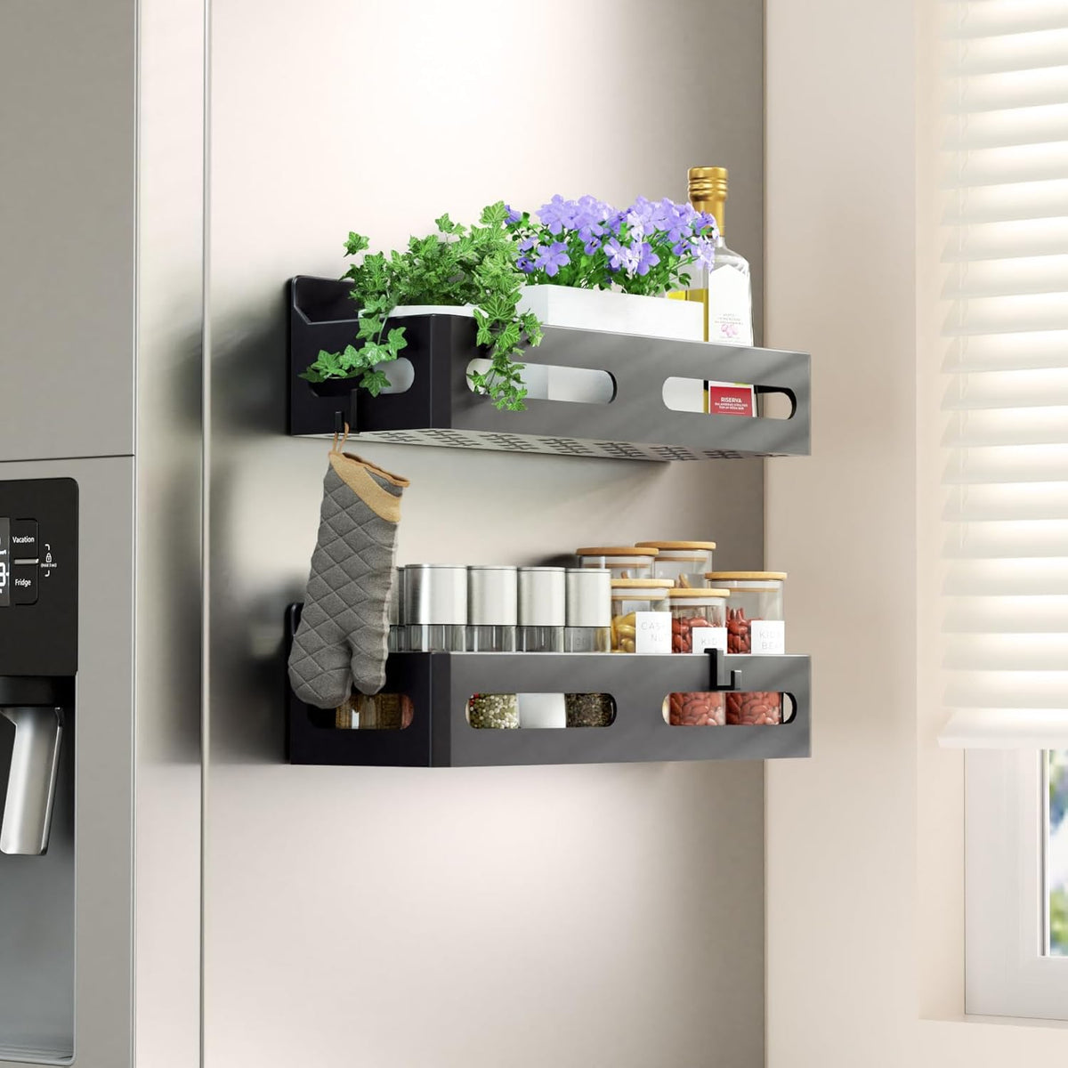 Magnetic Spice Rack for Refrigerator with Hooks, Black | Strong multipurpose magnetic shelf for kitchen & bathroom organization. Includes 4 removable hooks for hanging items.