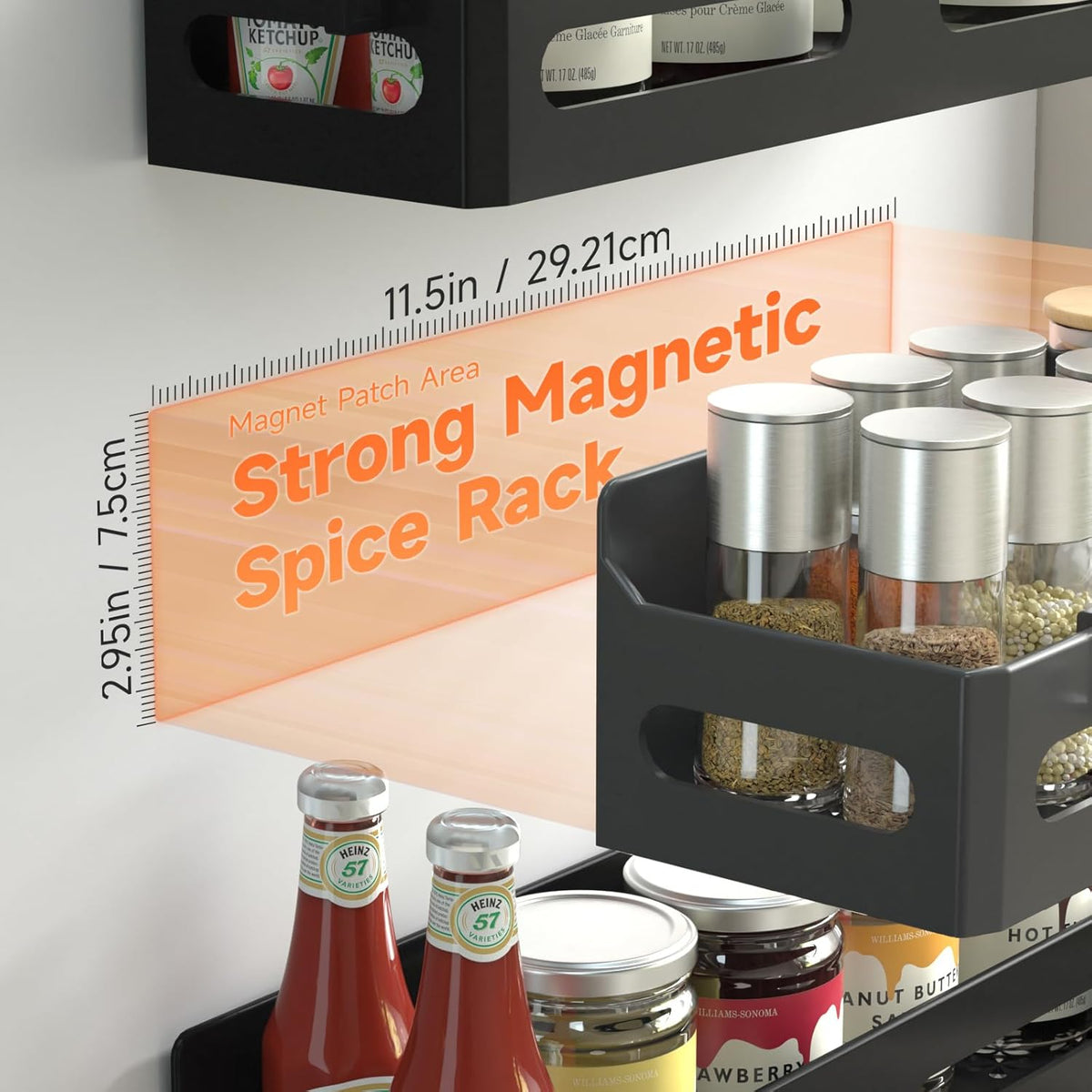 Magnetic Spice Rack for Refrigerator with Hooks, Black | Strong multipurpose magnetic shelf for kitchen & bathroom organization. Includes 4 removable hooks for hanging items.
