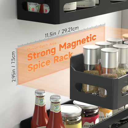 Magnetic Spice Rack for Refrigerator with Hooks, Black | Strong multipurpose magnetic shelf for kitchen & bathroom organization. Includes 4 removable hooks for hanging items.