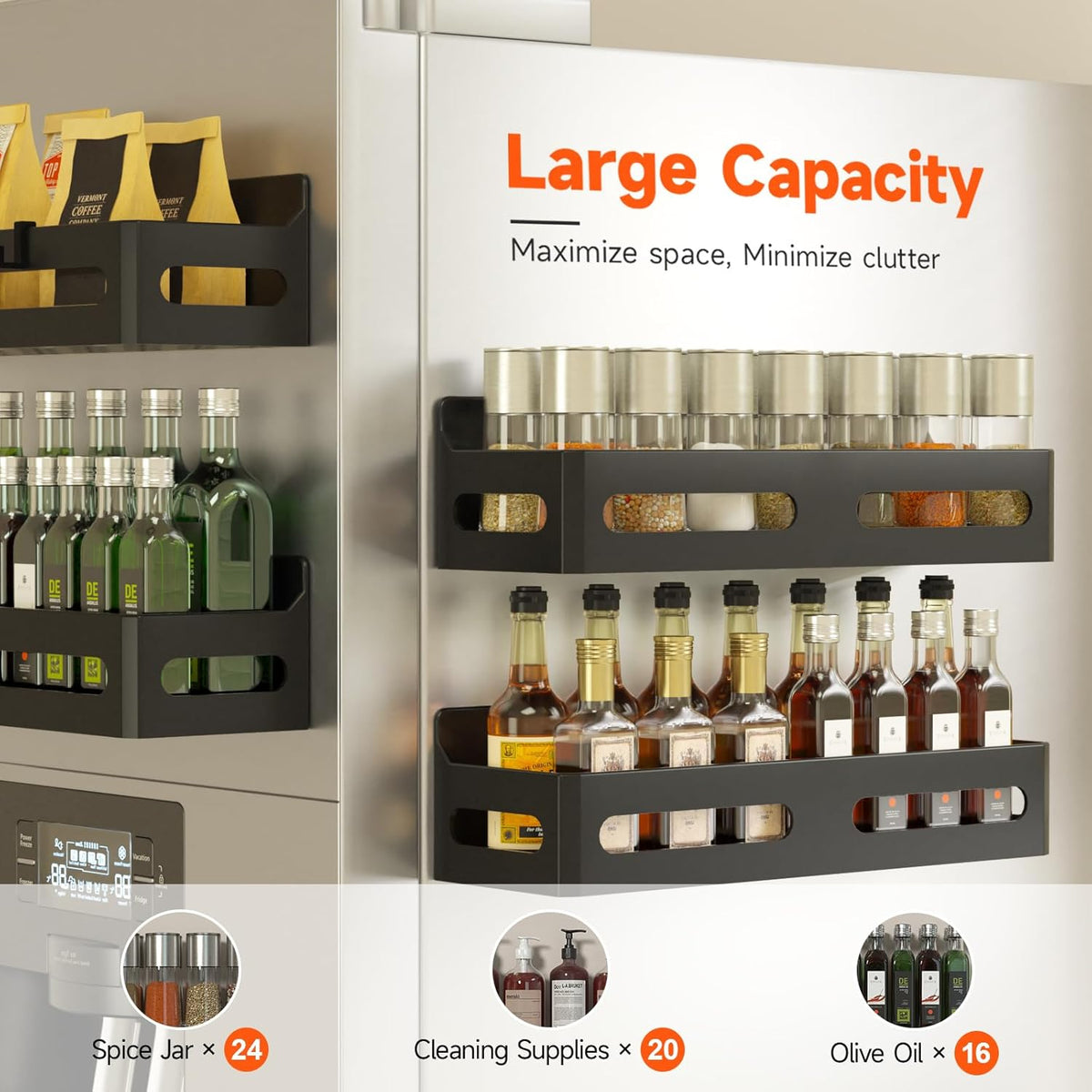 Magnetic Spice Rack for Refrigerator with Hooks, Black | Strong multipurpose magnetic shelf for kitchen & bathroom organization. Includes 4 removable hooks for hanging items.