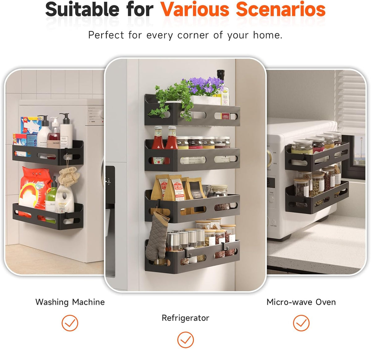 Magnetic Spice Rack for Refrigerator with Hooks, Black | Strong multipurpose magnetic shelf for kitchen & bathroom organization. Includes 4 removable hooks for hanging items.