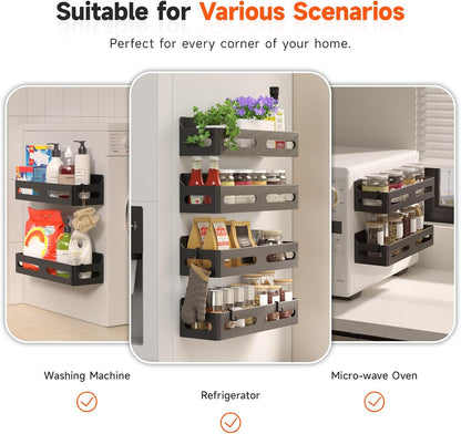 Magnetic Spice Rack for Refrigerator with Hooks, Black | Strong multipurpose magnetic shelf for kitchen & bathroom organization. Includes 4 removable hooks for hanging items.