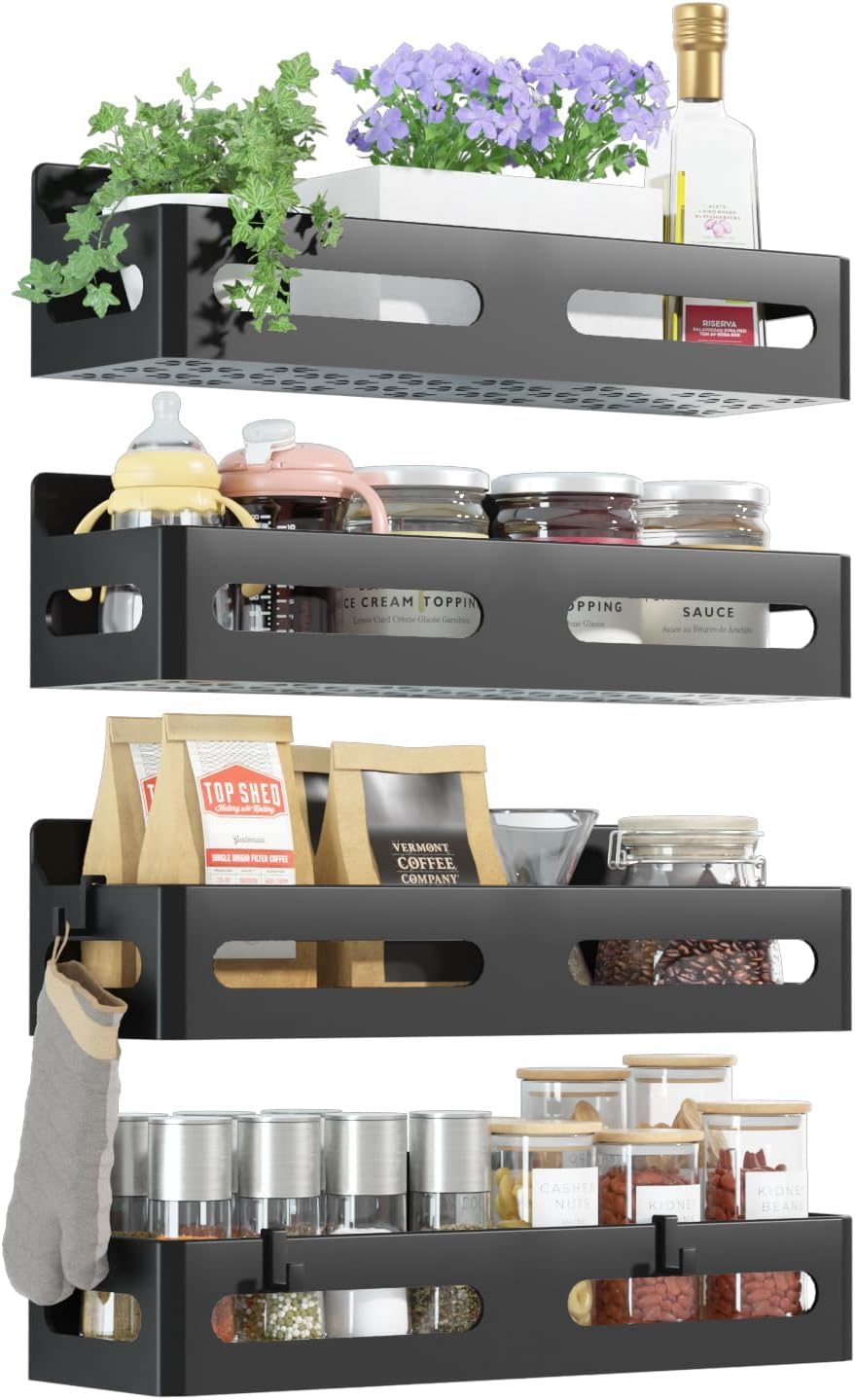 Magnetic Spice Rack for Refrigerator with Hooks, Black | Strong multipurpose magnetic shelf for kitchen & bathroom organization. Includes 4 removable hooks for hanging items.