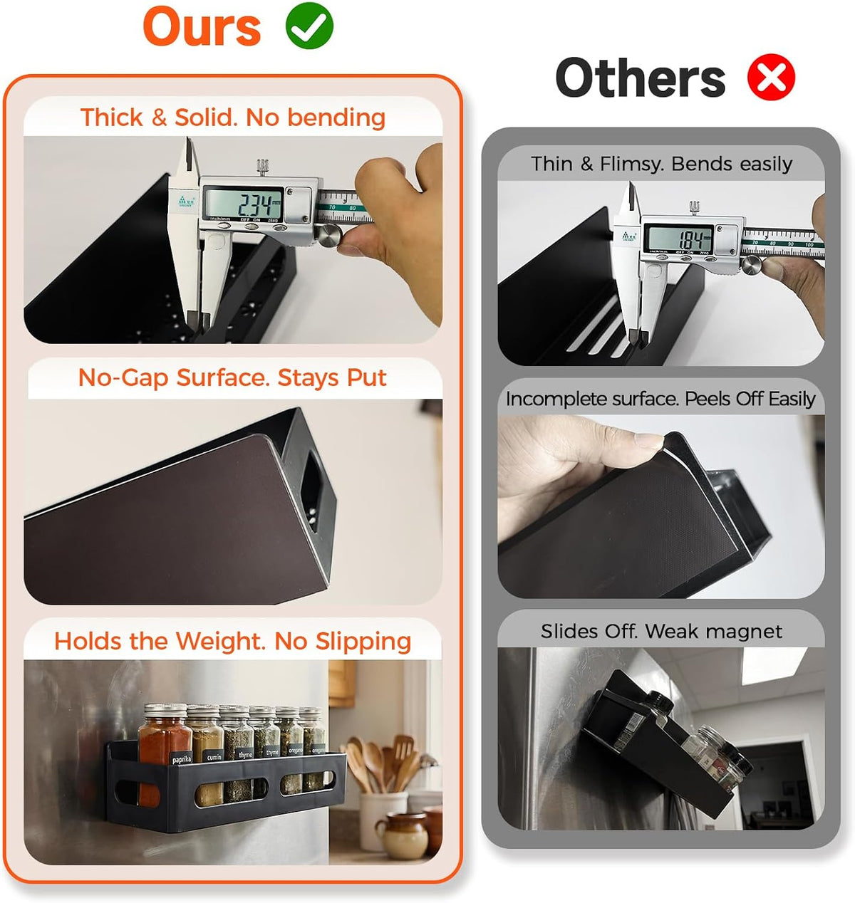 Magnetic Spice Rack for Refrigerator with Hooks, Black | Strong multipurpose magnetic shelf for kitchen & bathroom organization. Includes 4 removable hooks for hanging items.