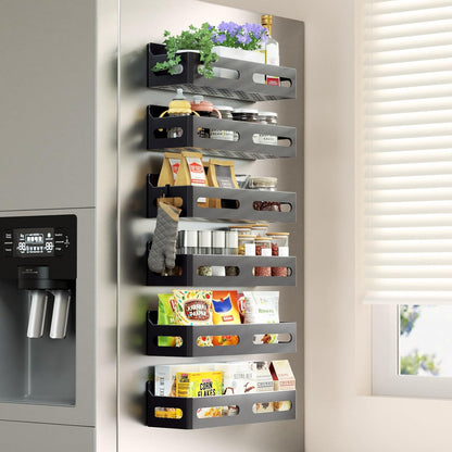 Magnetic Spice Rack for Refrigerator with Hooks, Black | Strong multipurpose magnetic shelf for kitchen & bathroom organization. Includes 4 removable hooks for hanging items.