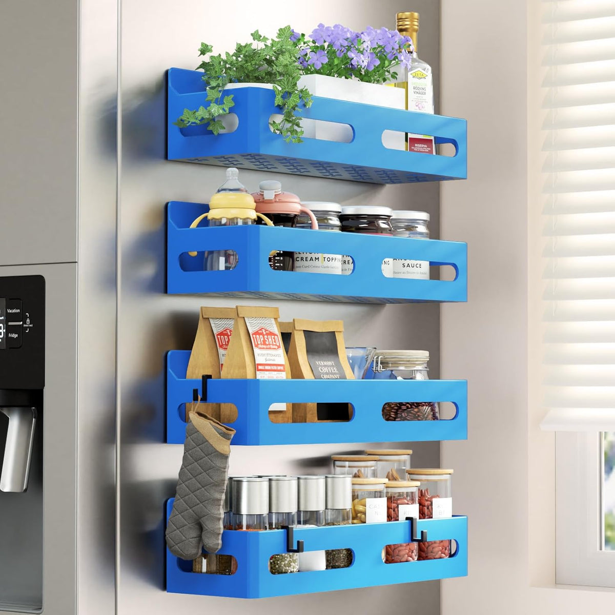 Magnetic Spice Rack for Refrigerator with Hooks, Black | Strong multipurpose magnetic shelf for kitchen & bathroom organization. Includes 4 removable hooks for hanging items.
