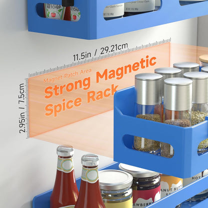 Magnetic Spice Rack for Refrigerator with Hooks, Black | Strong multipurpose magnetic shelf for kitchen & bathroom organization. Includes 4 removable hooks for hanging items.