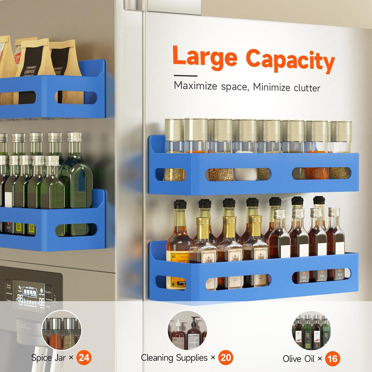 Magnetic Spice Rack for Refrigerator with Hooks, Black | Strong multipurpose magnetic shelf for kitchen & bathroom organization. Includes 4 removable hooks for hanging items.