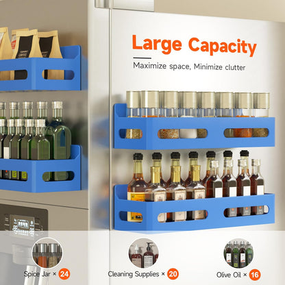 Magnetic Spice Rack for Refrigerator with Hooks, Black | Strong multipurpose magnetic shelf for kitchen & bathroom organization. Includes 4 removable hooks for hanging items.