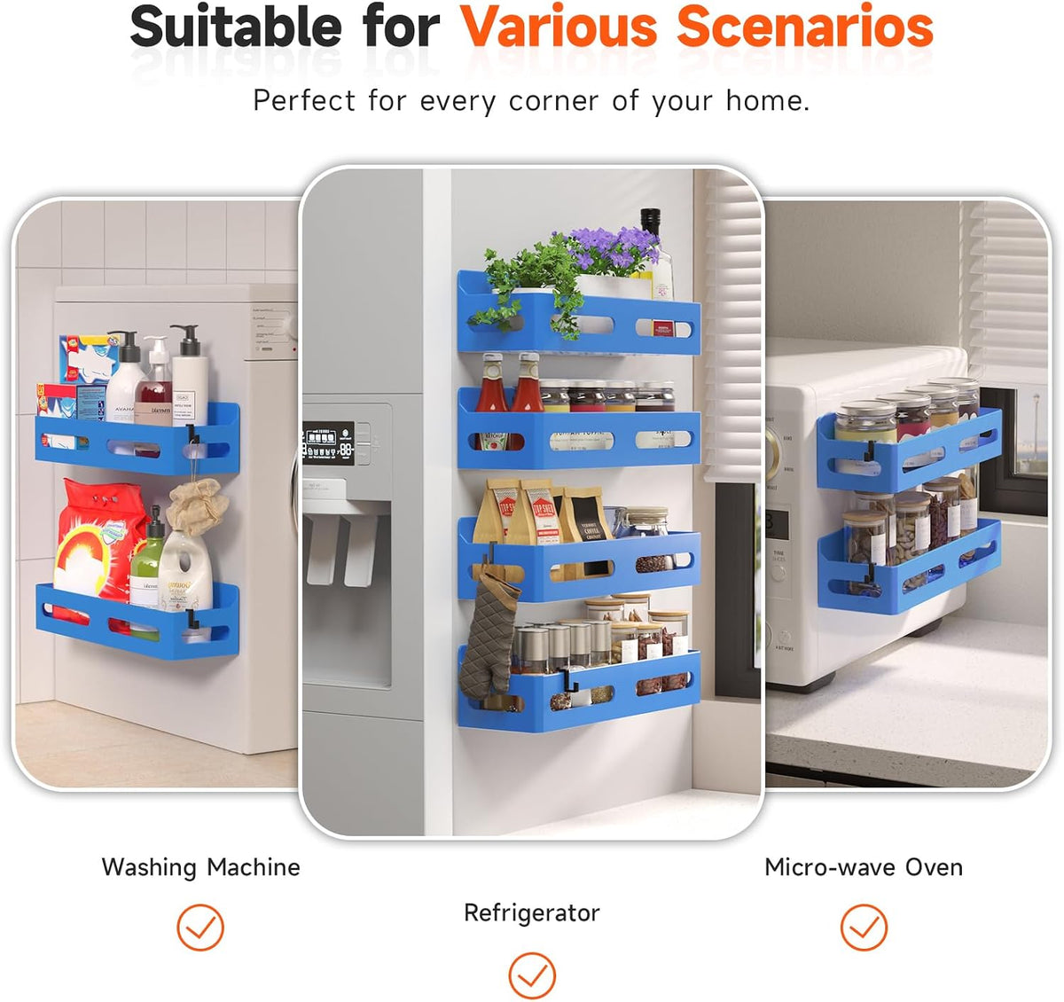 Magnetic Spice Rack for Refrigerator with Hooks, Black | Strong multipurpose magnetic shelf for kitchen & bathroom organization. Includes 4 removable hooks for hanging items.