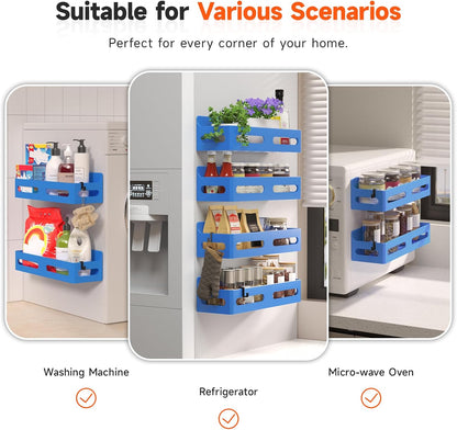 Magnetic Spice Rack for Refrigerator with Hooks, Black | Strong multipurpose magnetic shelf for kitchen & bathroom organization. Includes 4 removable hooks for hanging items.