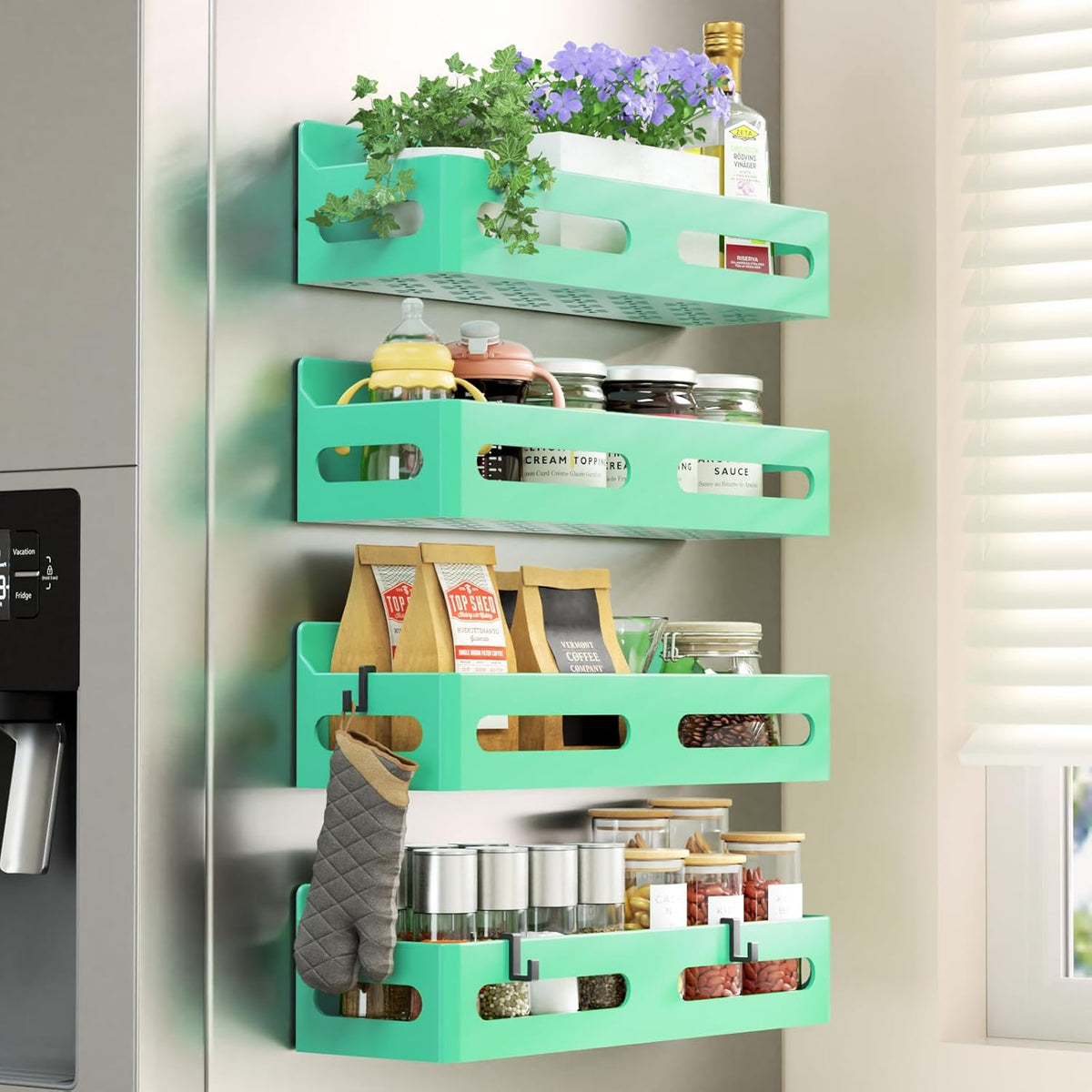 Magnetic Spice Rack for Refrigerator with Hooks, Black | Strong multipurpose magnetic shelf for kitchen & bathroom organization. Includes 4 removable hooks for hanging items.
