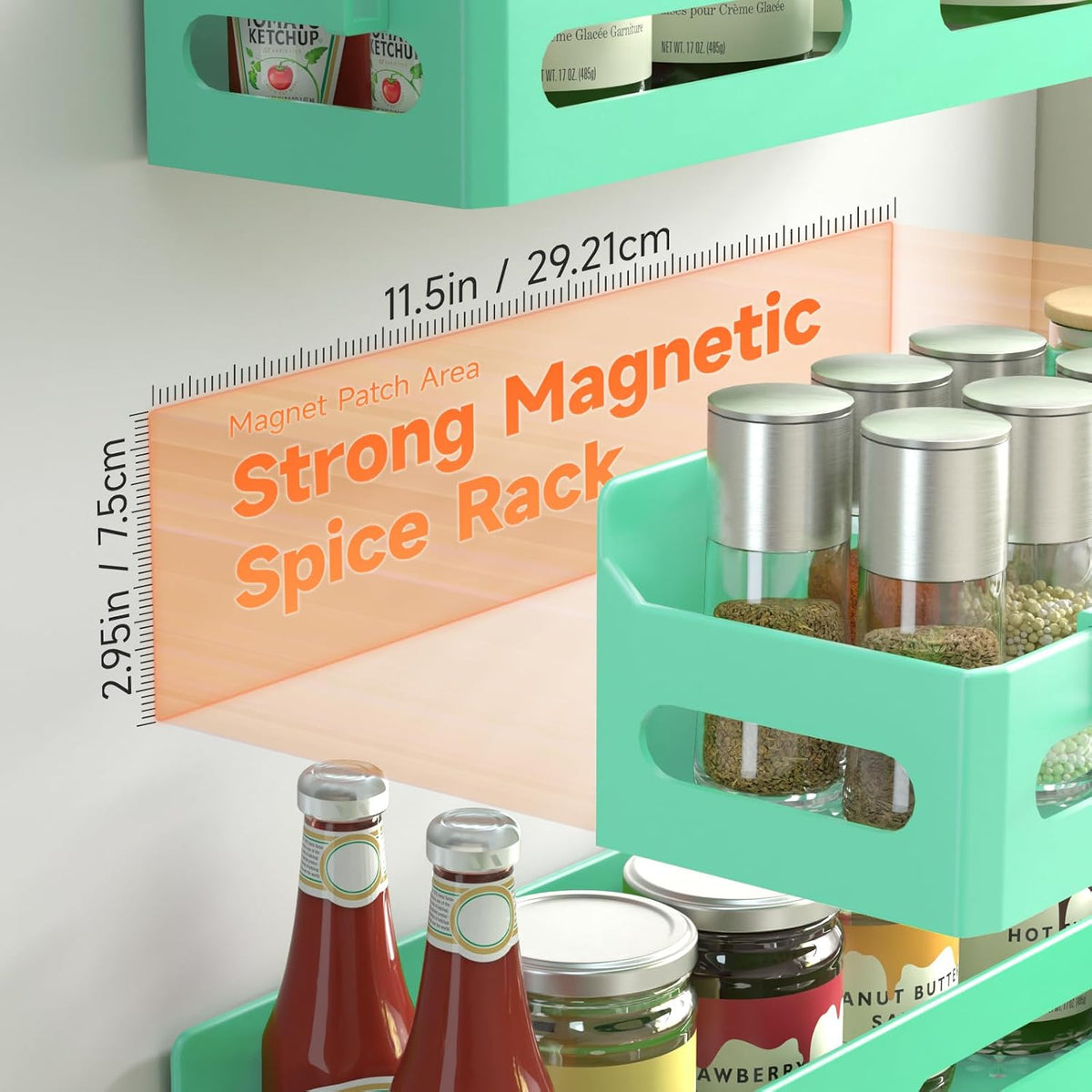 Magnetic Spice Rack for Refrigerator with Hooks, Black | Strong multipurpose magnetic shelf for kitchen & bathroom organization. Includes 4 removable hooks for hanging items.