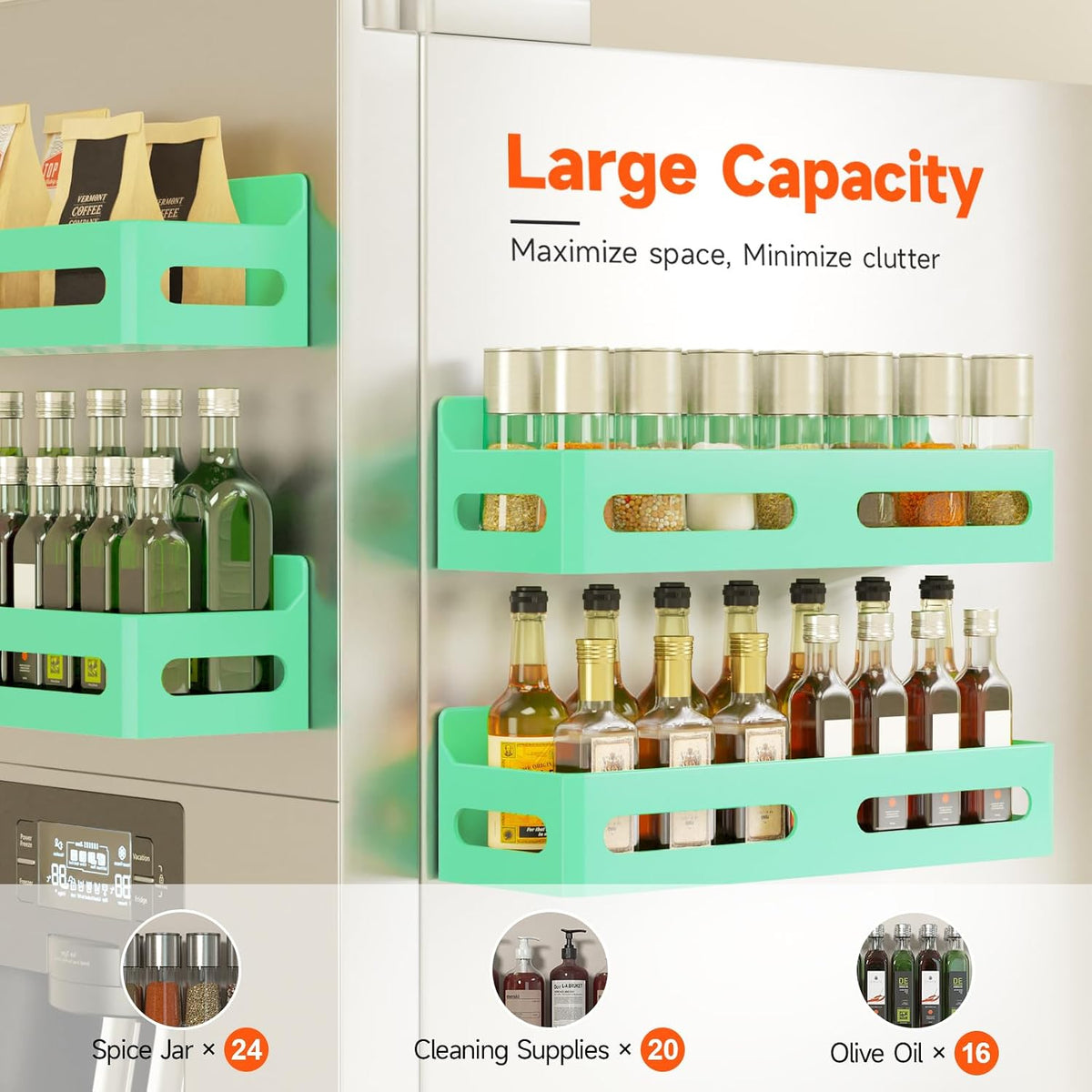 Magnetic Spice Rack for Refrigerator with Hooks, Black | Strong multipurpose magnetic shelf for kitchen & bathroom organization. Includes 4 removable hooks for hanging items.