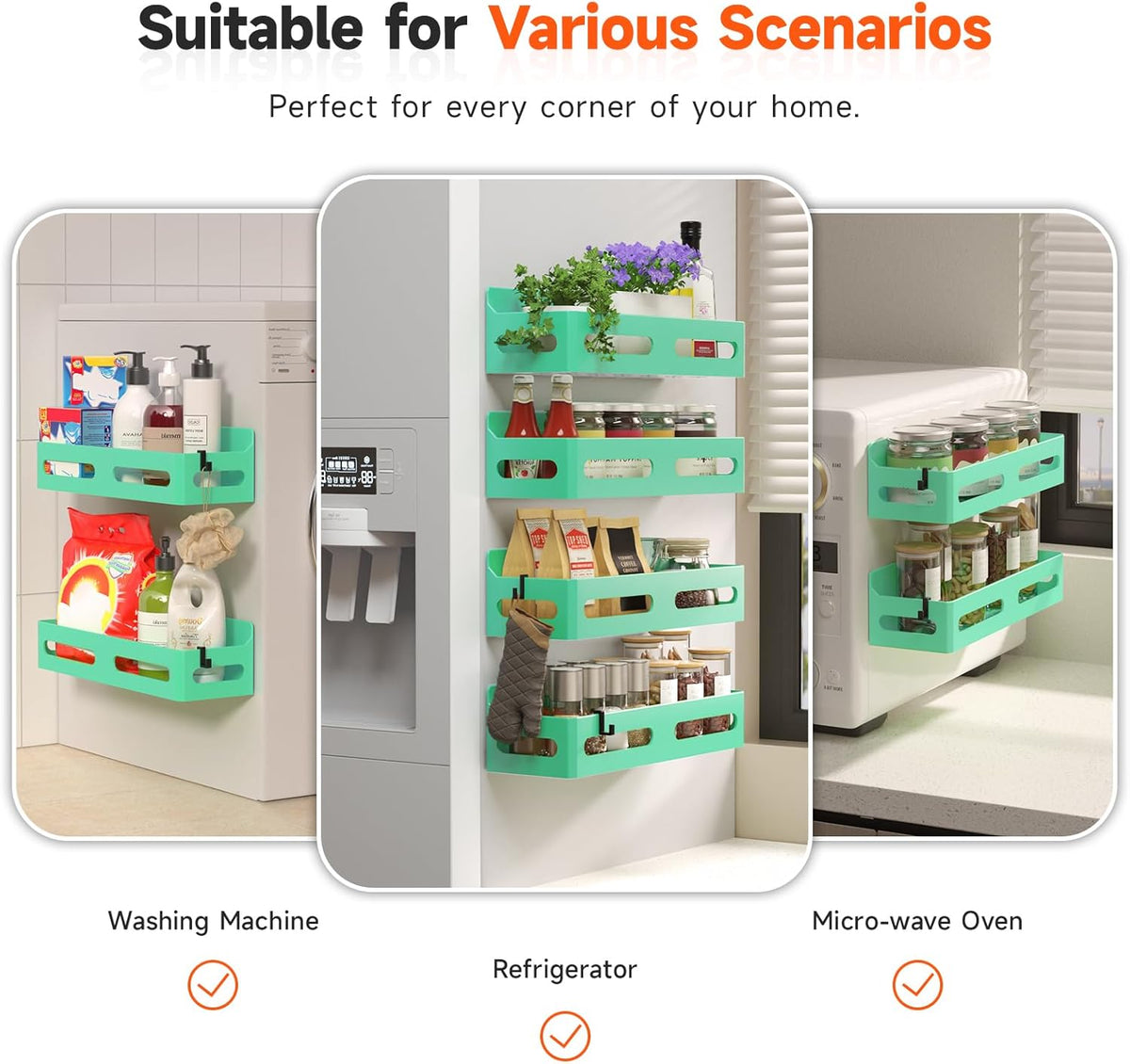 Magnetic Spice Rack for Refrigerator with Hooks, Black | Strong multipurpose magnetic shelf for kitchen & bathroom organization. Includes 4 removable hooks for hanging items.