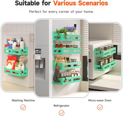 Magnetic Spice Rack for Refrigerator with Hooks, Black | Strong multipurpose magnetic shelf for kitchen & bathroom organization. Includes 4 removable hooks for hanging items.