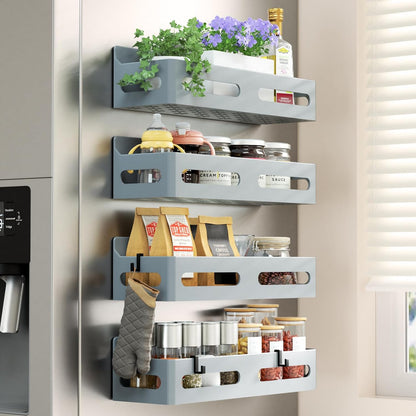 Magnetic Spice Rack for Refrigerator with Hooks, Black | Strong multipurpose magnetic shelf for kitchen & bathroom organization. Includes 4 removable hooks for hanging items.