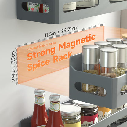 Magnetic Spice Rack for Refrigerator with Hooks, Black | Strong multipurpose magnetic shelf for kitchen & bathroom organization. Includes 4 removable hooks for hanging items.