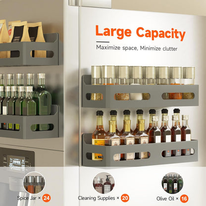 Magnetic Spice Rack for Refrigerator with Hooks, Black | Strong multipurpose magnetic shelf for kitchen & bathroom organization. Includes 4 removable hooks for hanging items.
