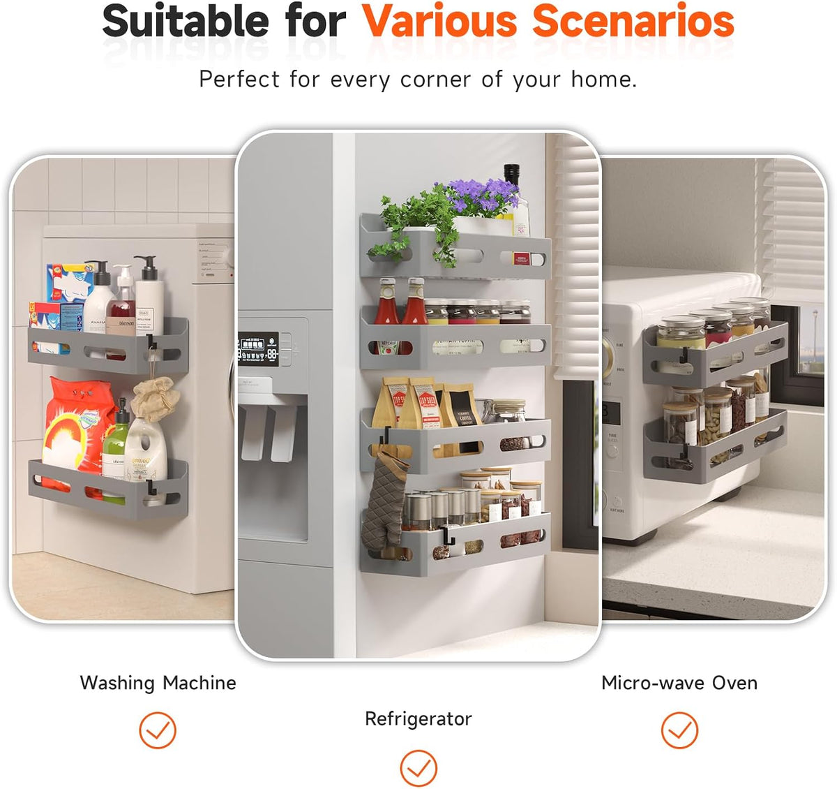 Magnetic Spice Rack for Refrigerator with Hooks, Black | Strong multipurpose magnetic shelf for kitchen & bathroom organization. Includes 4 removable hooks for hanging items.