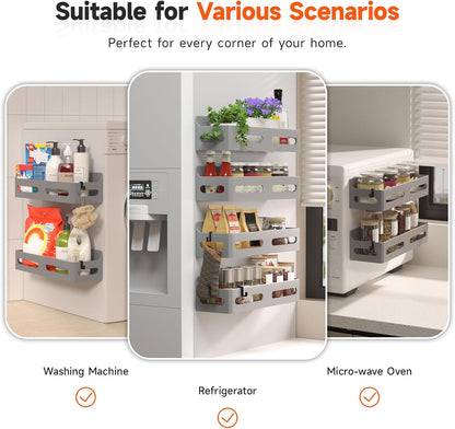 Magnetic Spice Rack for Refrigerator with Hooks, Black | Strong multipurpose magnetic shelf for kitchen & bathroom organization. Includes 4 removable hooks for hanging items.