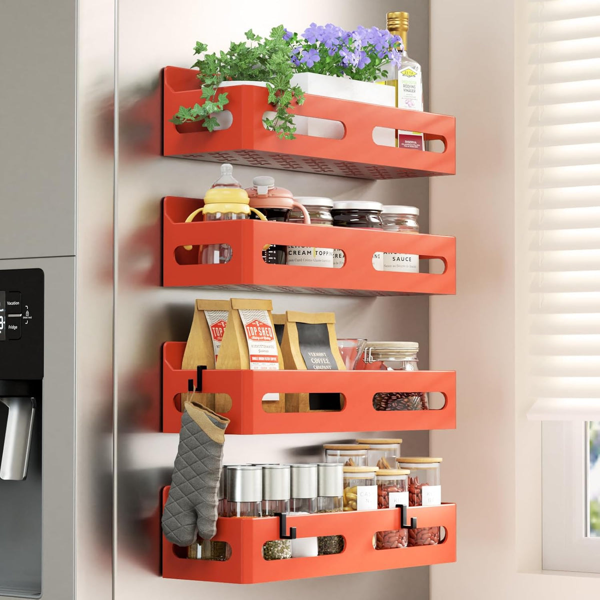 Magnetic Spice Rack for Refrigerator with Hooks, Black | Strong multipurpose magnetic shelf for kitchen & bathroom organization. Includes 4 removable hooks for hanging items.