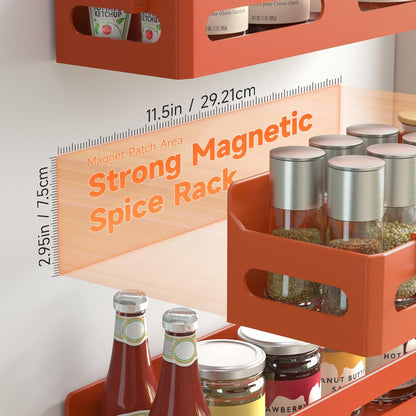Magnetic Spice Rack for Refrigerator with Hooks, Black | Strong multipurpose magnetic shelf for kitchen & bathroom organization. Includes 4 removable hooks for hanging items.