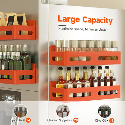 Magnetic Spice Rack for Refrigerator with Hooks, Black | Strong multipurpose magnetic shelf for kitchen & bathroom organization. Includes 4 removable hooks for hanging items.