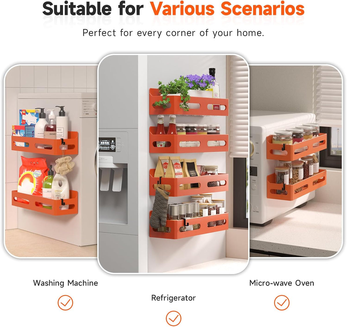 Magnetic Spice Rack for Refrigerator with Hooks, Black | Strong multipurpose magnetic shelf for kitchen & bathroom organization. Includes 4 removable hooks for hanging items.