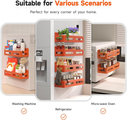 Magnetic Spice Rack for Refrigerator with Hooks, Black | Strong multipurpose magnetic shelf for kitchen & bathroom organization. Includes 4 removable hooks for hanging items.